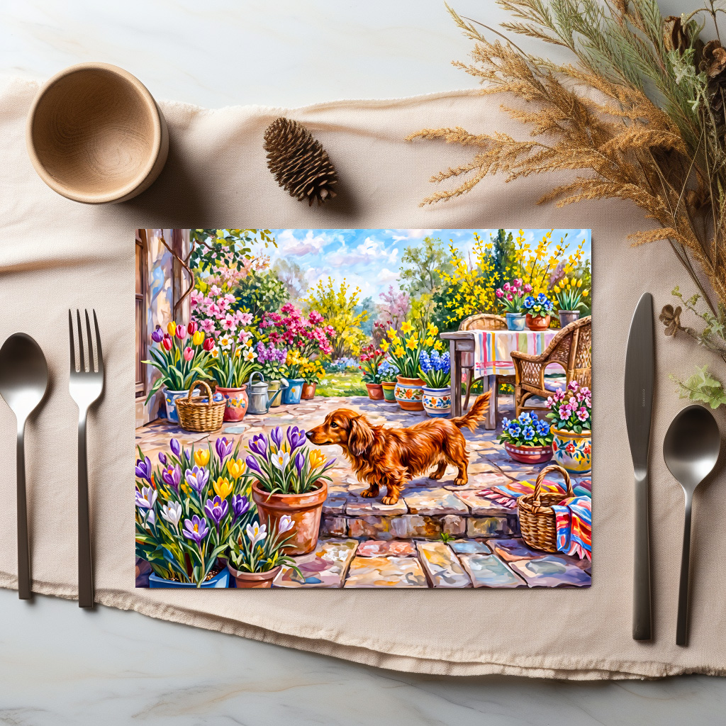 raxxa Premium-Tischset: Dachshund Walking Through Colorful Blooming Spring Garden