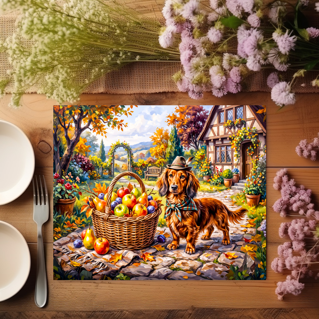 raxxa Premium-Tischset: Dachshund Sitting Beside Apples Pumpkins Autumn Garden – Bild 3