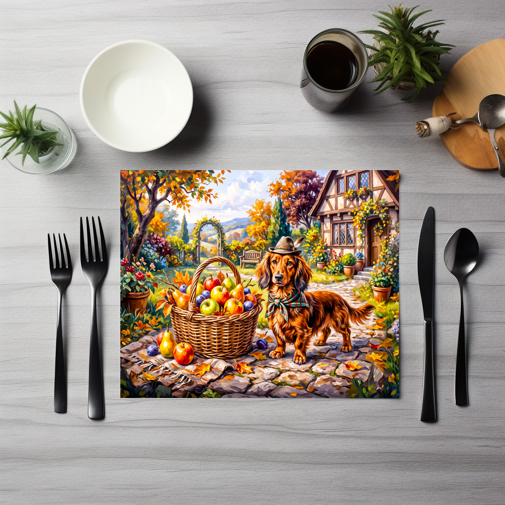 raxxa Premium-Tischset: Dachshund Sitting Beside Apples Pumpkins Autumn Garden