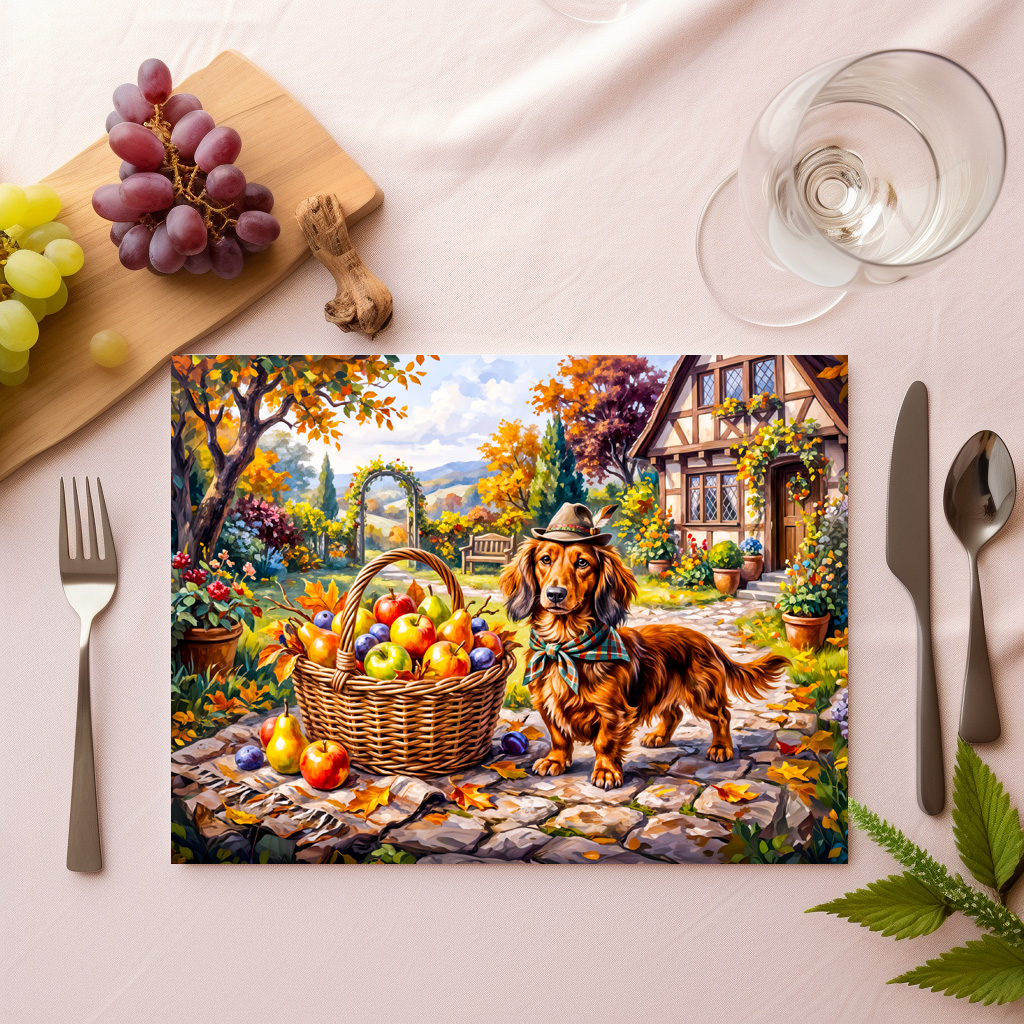 raxxa Premium-Tischset: Dachshund Sitting Beside Apples Pumpkins Autumn Garden – Bild 2