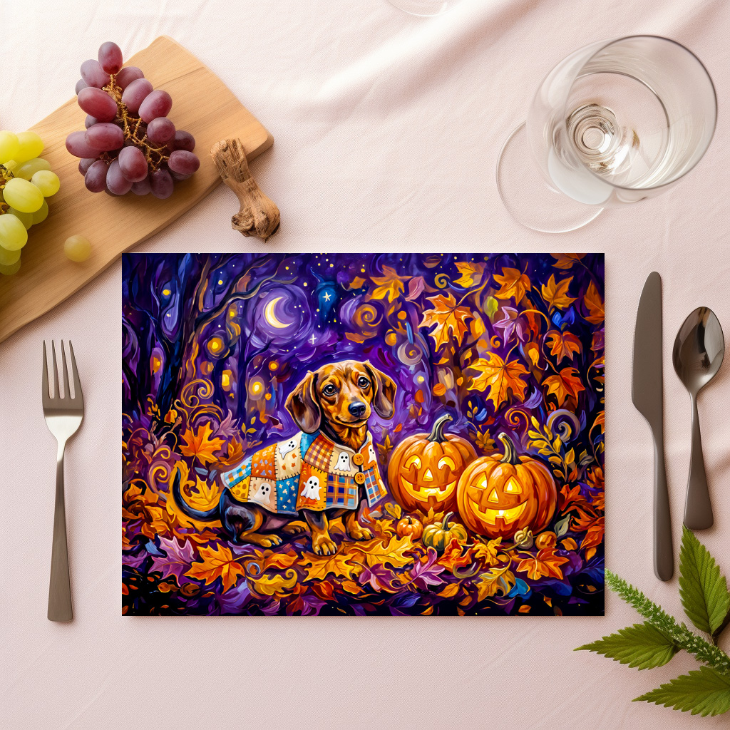 raxxa Premium-Tischset: Dachshund Sitting Among Pumpkins Under Autumn Night Sky