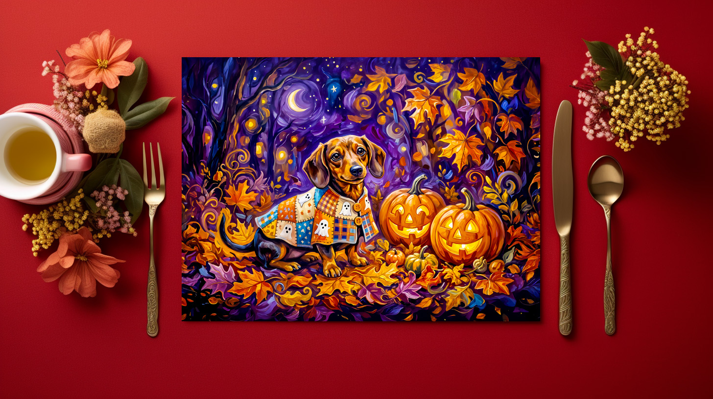 raxxa Premium-Tischset: Dachshund Sitting Among Pumpkins Under Autumn Night Sky - immagine 3