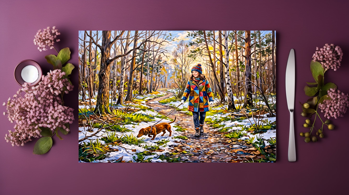 raxxa Premium-Tischset: Dachshund Walking Along Sunlit Snowy Forest Path - Image 3