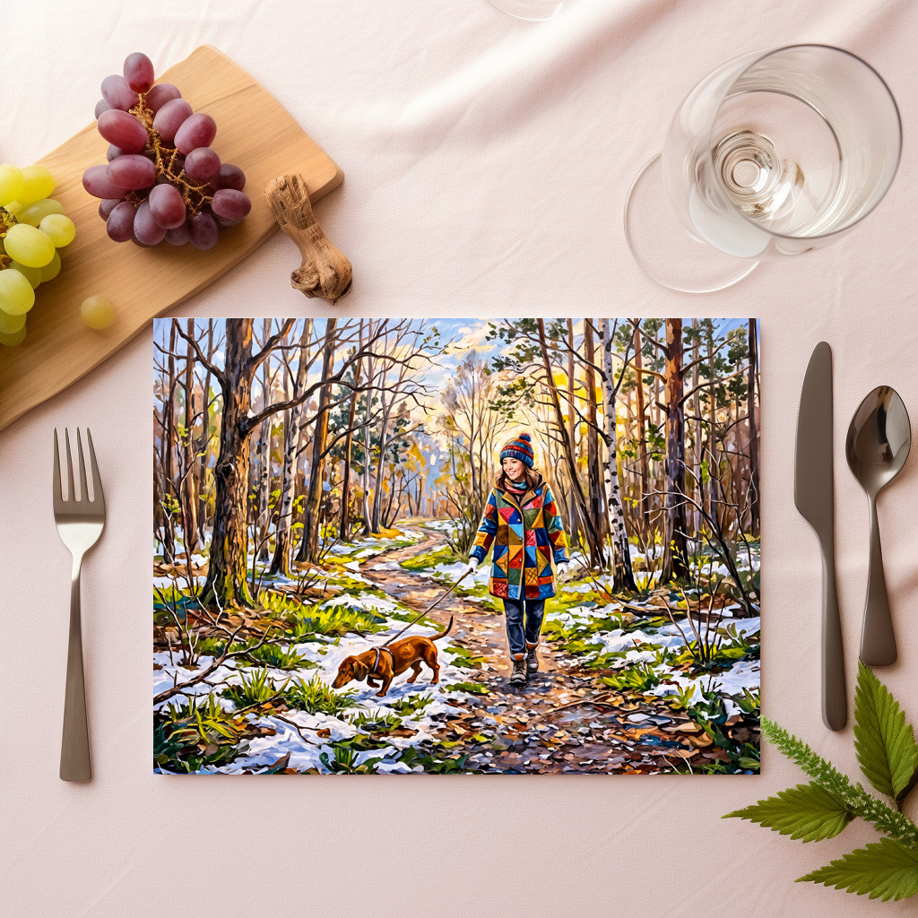 raxxa Premium-Tischset: Dachshund Walking Along Sunlit Snowy Forest Path