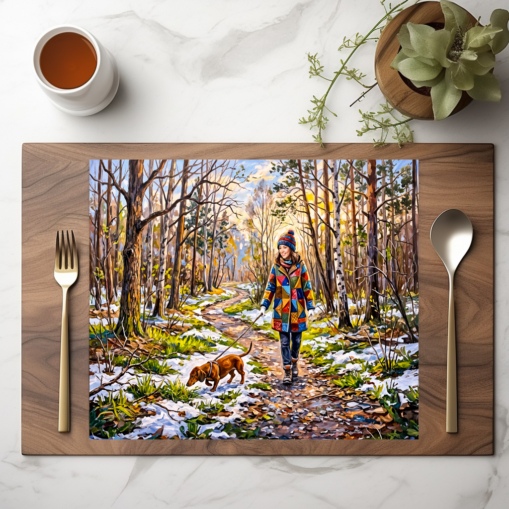 raxxa Premium-Tischset: Dachshund Walking Along Sunlit Snowy Forest Path - Image 2
