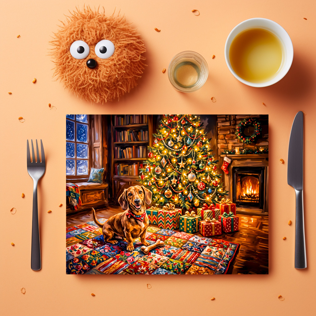 raxxa Premium-Tischset: Dachshund Resting Beside Cozy Christmas Tree Fireplace – Bild 2