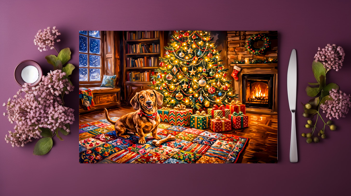 raxxa Premium-Tischset: Dachshund Resting Beside Cozy Christmas Tree Fireplace – Bild 3