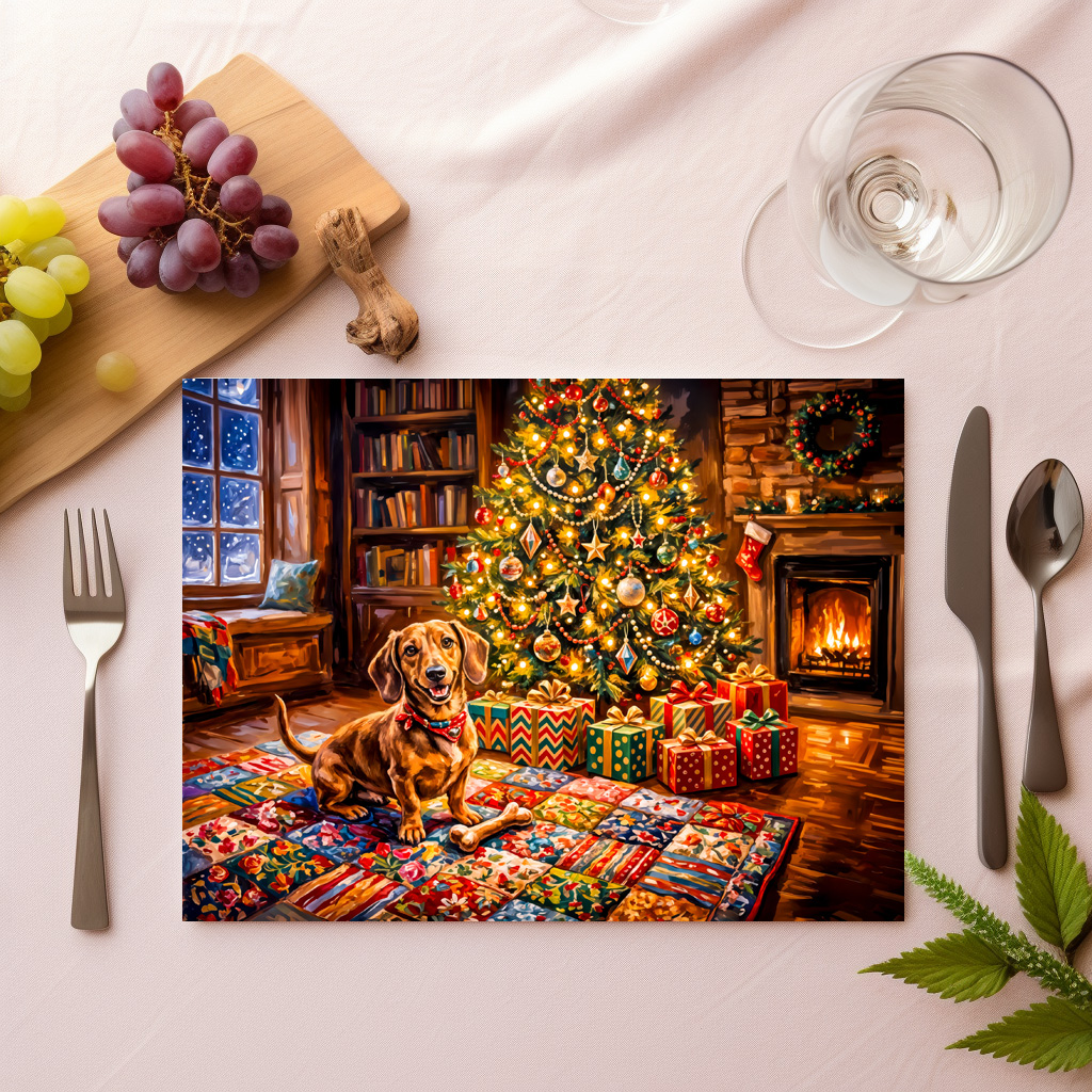 raxxa Premium-Tischset: Dachshund Resting Beside Cozy Christmas Tree Fireplace