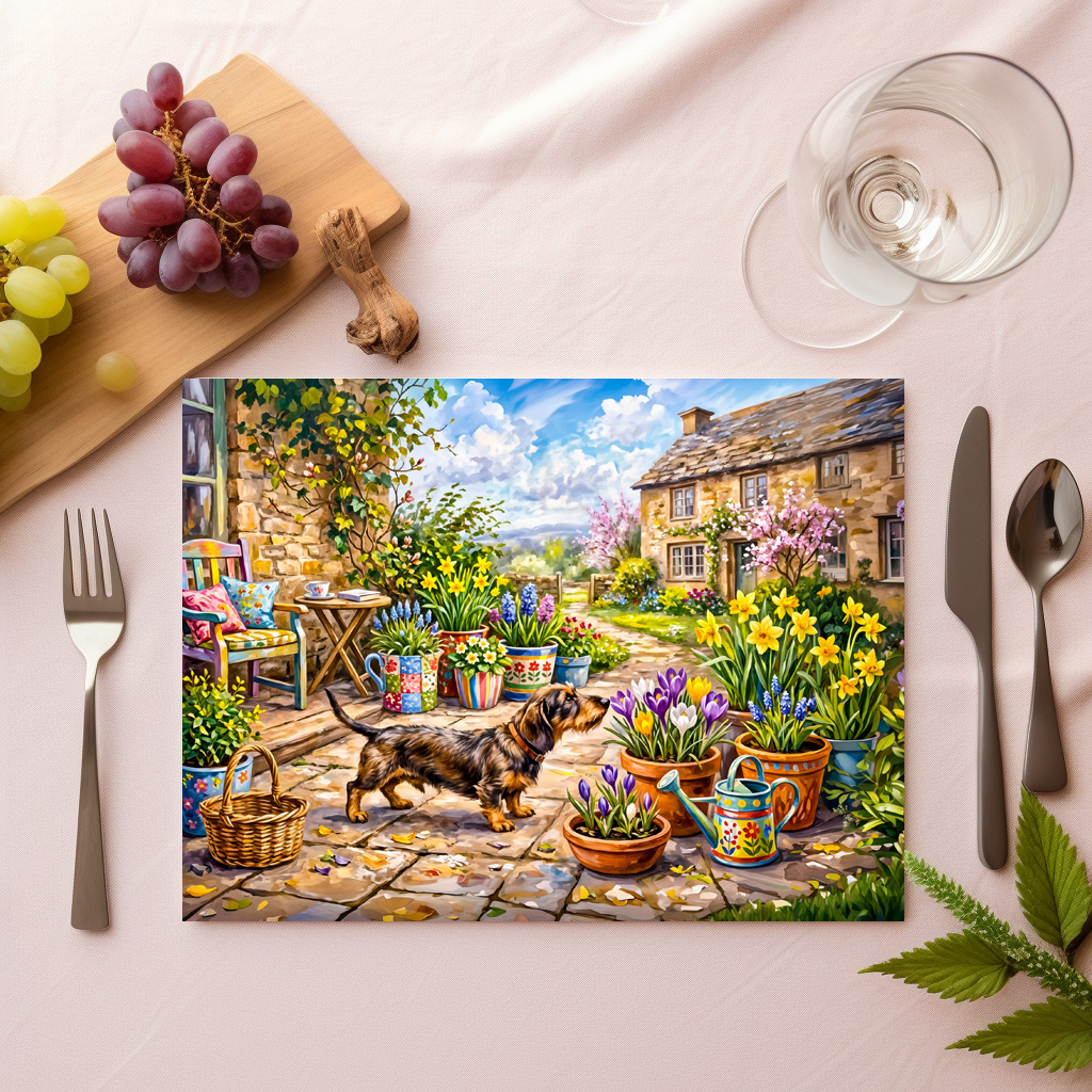 raxxa Premium-Tischset: Dachshund Walking Through Colorful Flower Patio Garden