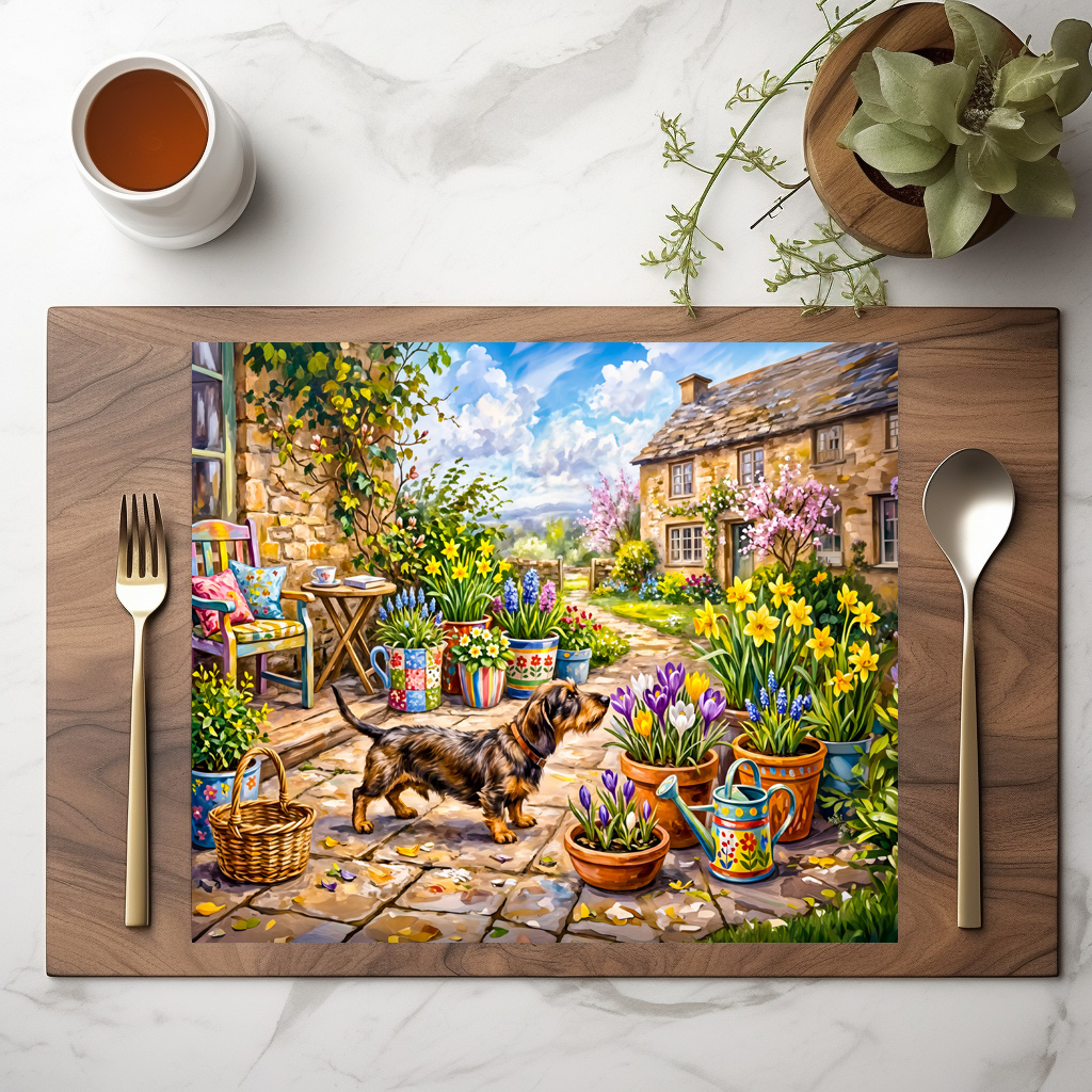 raxxa Premium-Tischset: Dachshund Walking Through Colorful Flower Patio Garden – Bild 2