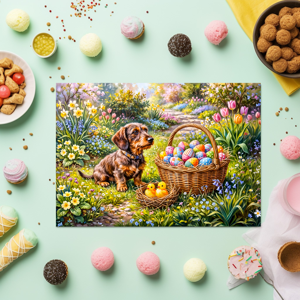 raxxa Premium-Tischset: Dachshund Sitting with Easter Basket in Garden