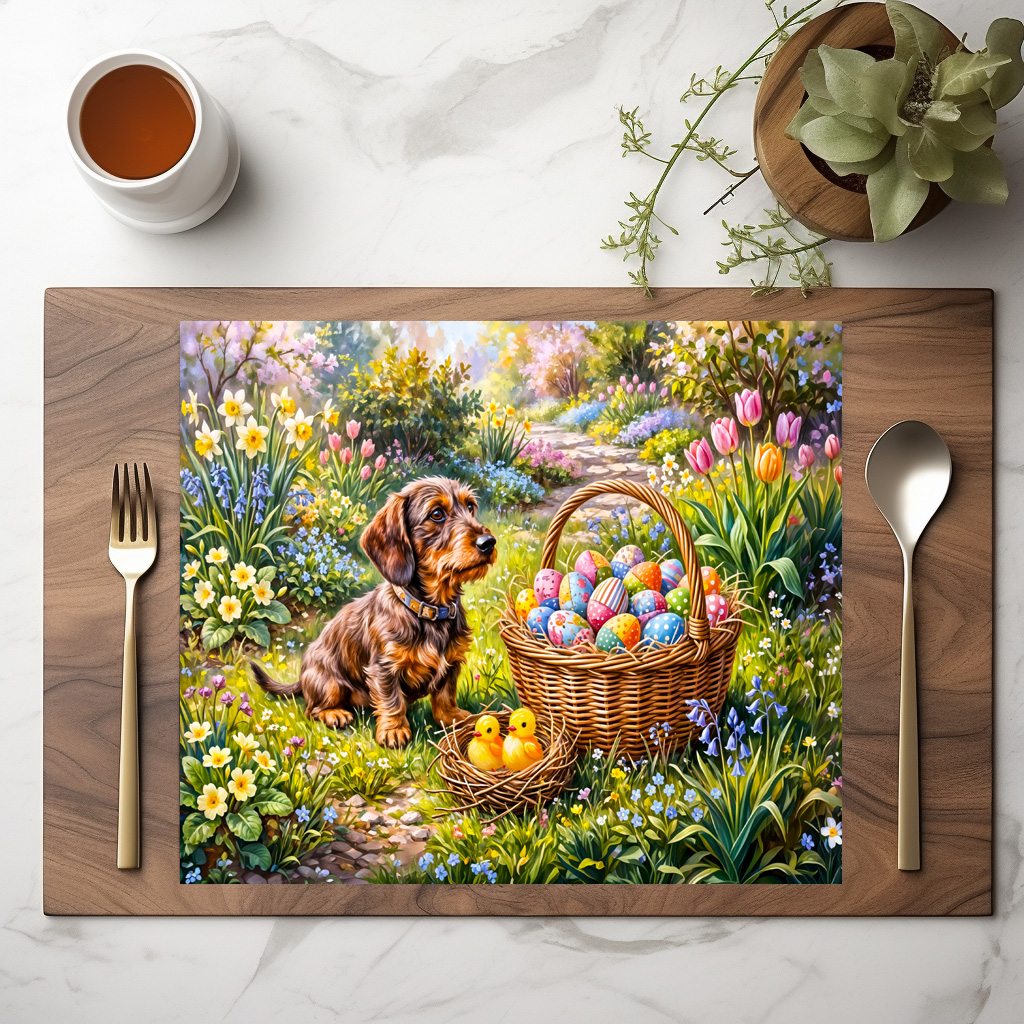raxxa Premium-Tischset: Dachshund Sitting with Easter Basket in Garden – Bild 2