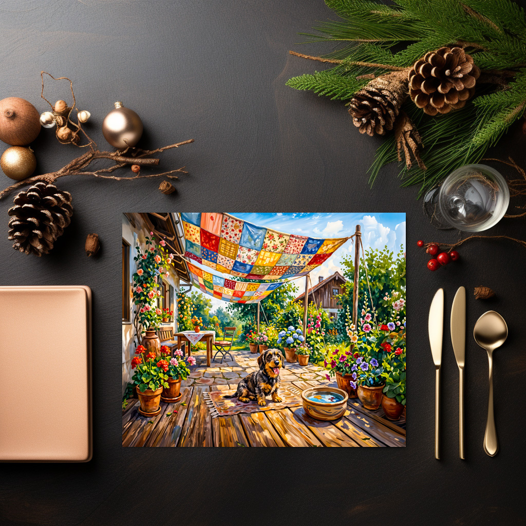 raxxa Premium-Tischset: Dachshund Sitting Under Colorful Patchwork Garden Canopy - immagine 2