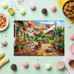 raxxa Premium-Tischset: Dachshund Sitting Under Colorful Patchwork Garden Canopy