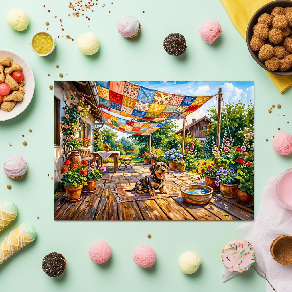 raxxa Premium-Tischset: Dachshund Sitting Under Colorful Patchwork Garden Canopy