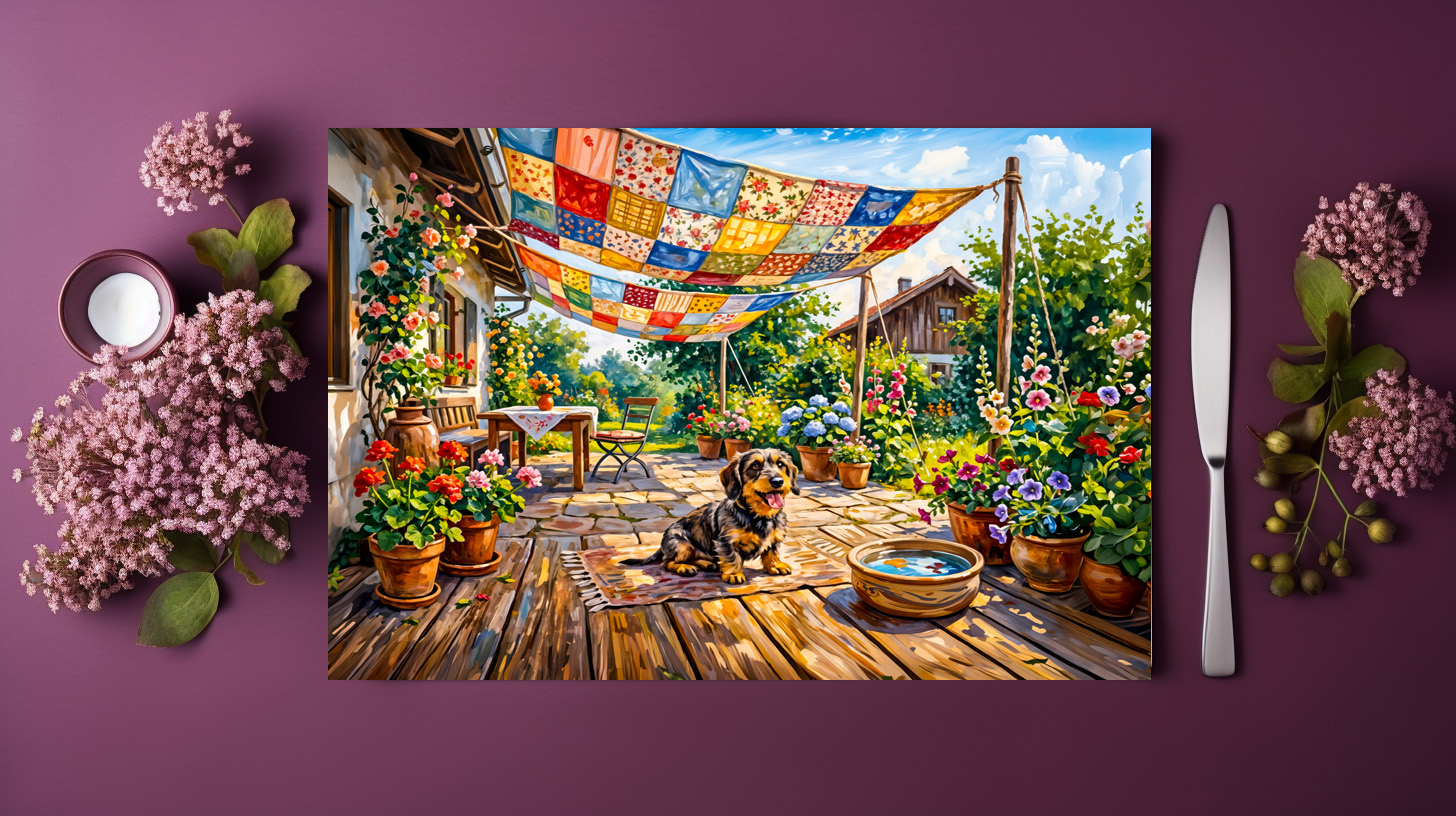 raxxa Premium-Tischset: Dachshund Sitting Under Colorful Patchwork Garden Canopy - immagine 3