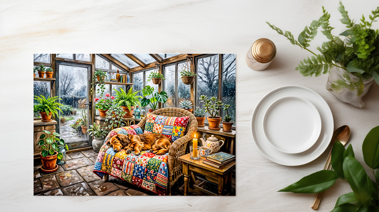 raxxa Premium-Tischset: Dachshund Resting on Patchwork Chair Inside Greenhouse – Image 2