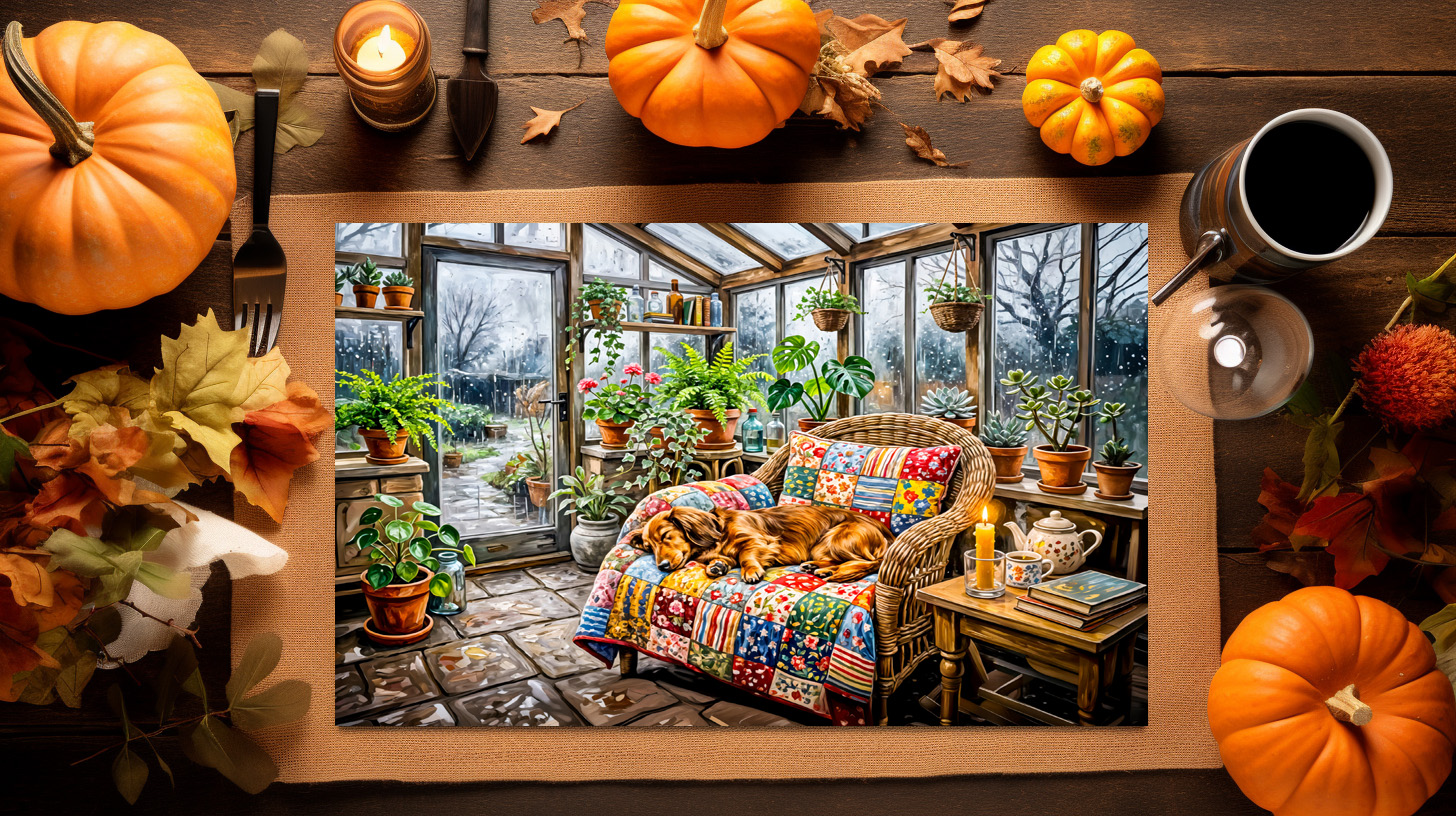 raxxa Premium-Tischset: Dachshund Resting on Patchwork Chair Inside Greenhouse – Image 3