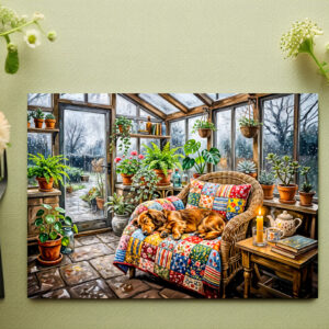 raxxa Premium-Tischset: Dachshund Resting on Patchwork Chair Inside Greenhouse