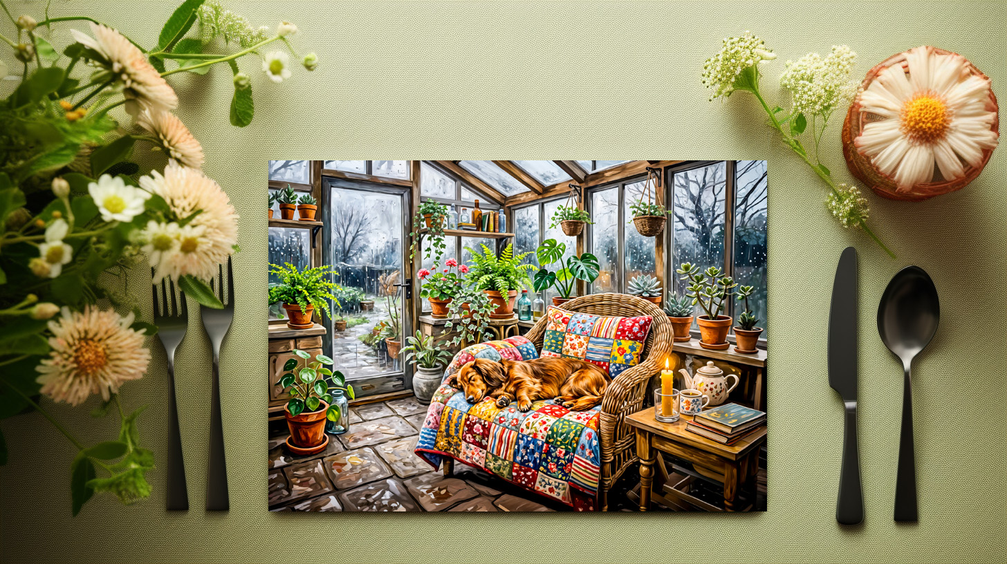raxxa Premium-Tischset: Dachshund Resting on Patchwork Chair Inside Greenhouse