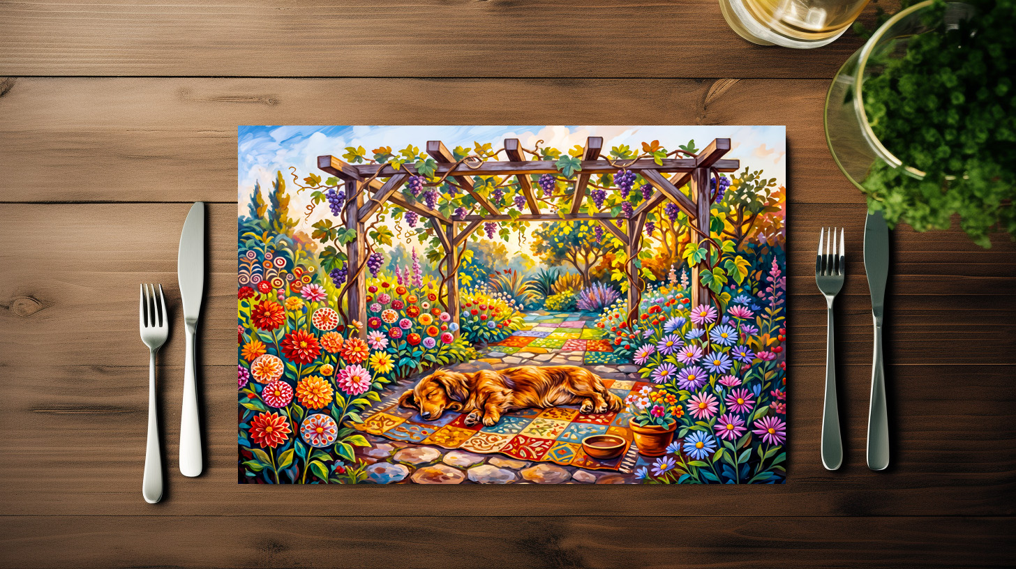 raxxa Premium-Tischset: Dachshund Resting Under Floral Garden Pergola Path - immagine 2