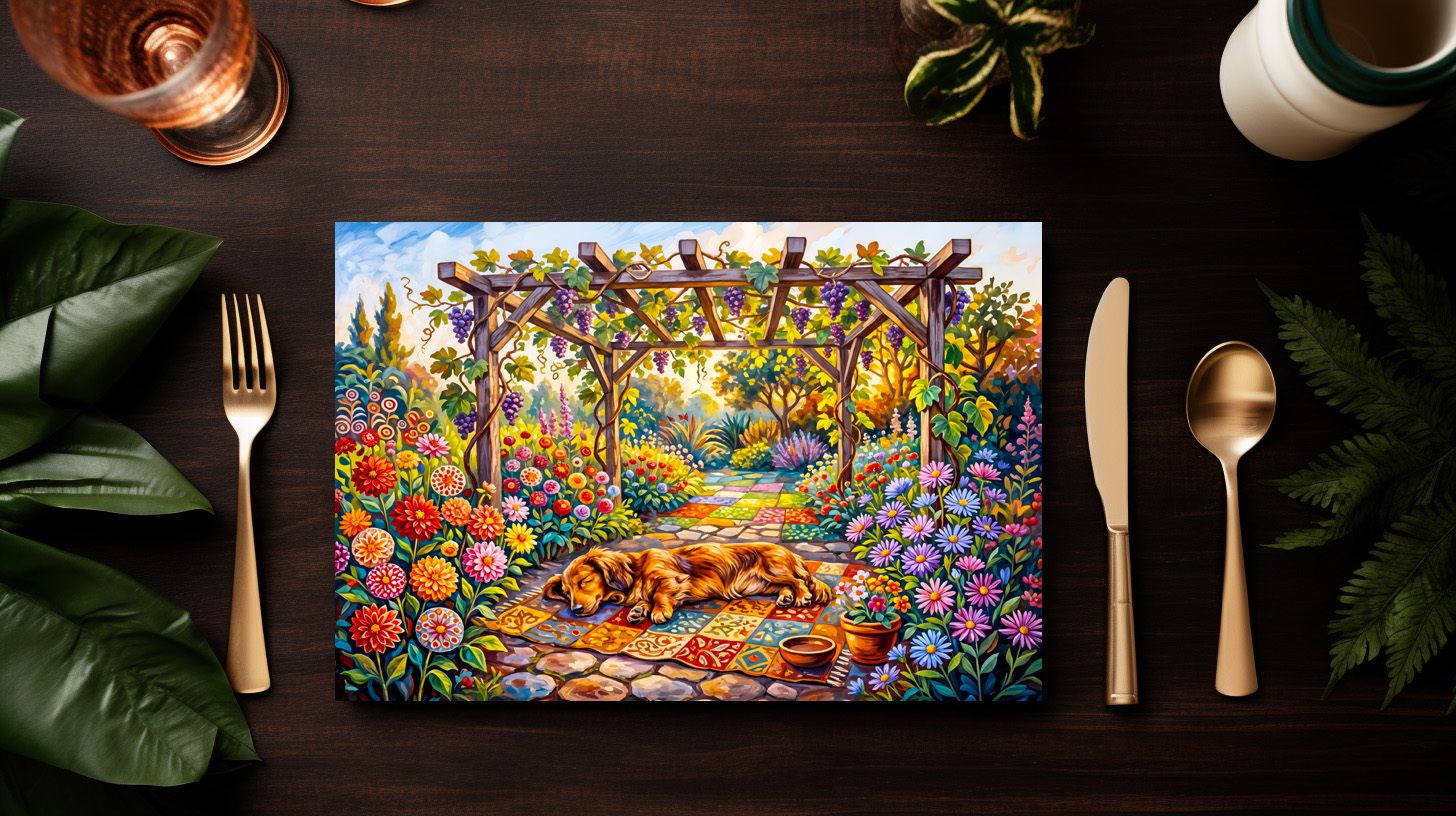 raxxa Premium-Tischset: Dachshund Resting Under Floral Garden Pergola Path - immagine 3