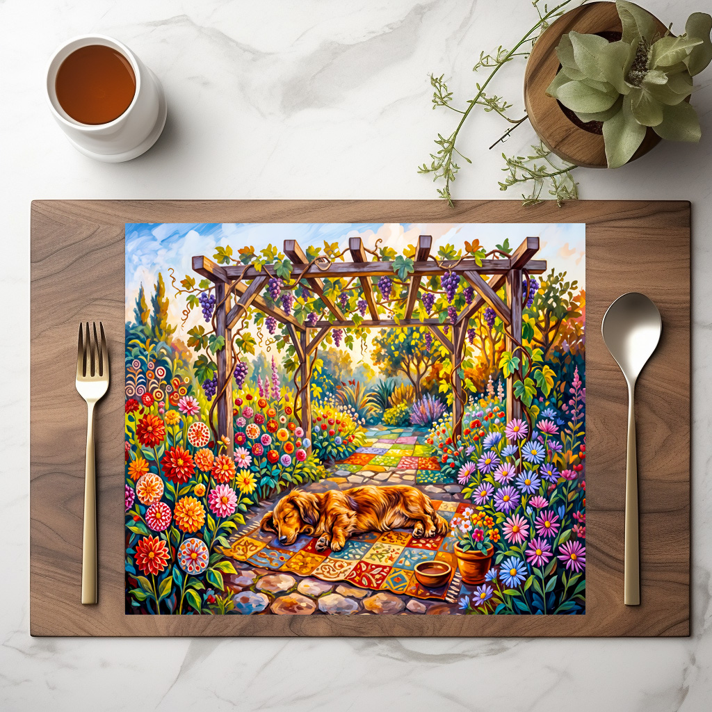 raxxa Premium-Tischset: Dachshund Resting Under Floral Garden Pergola Path