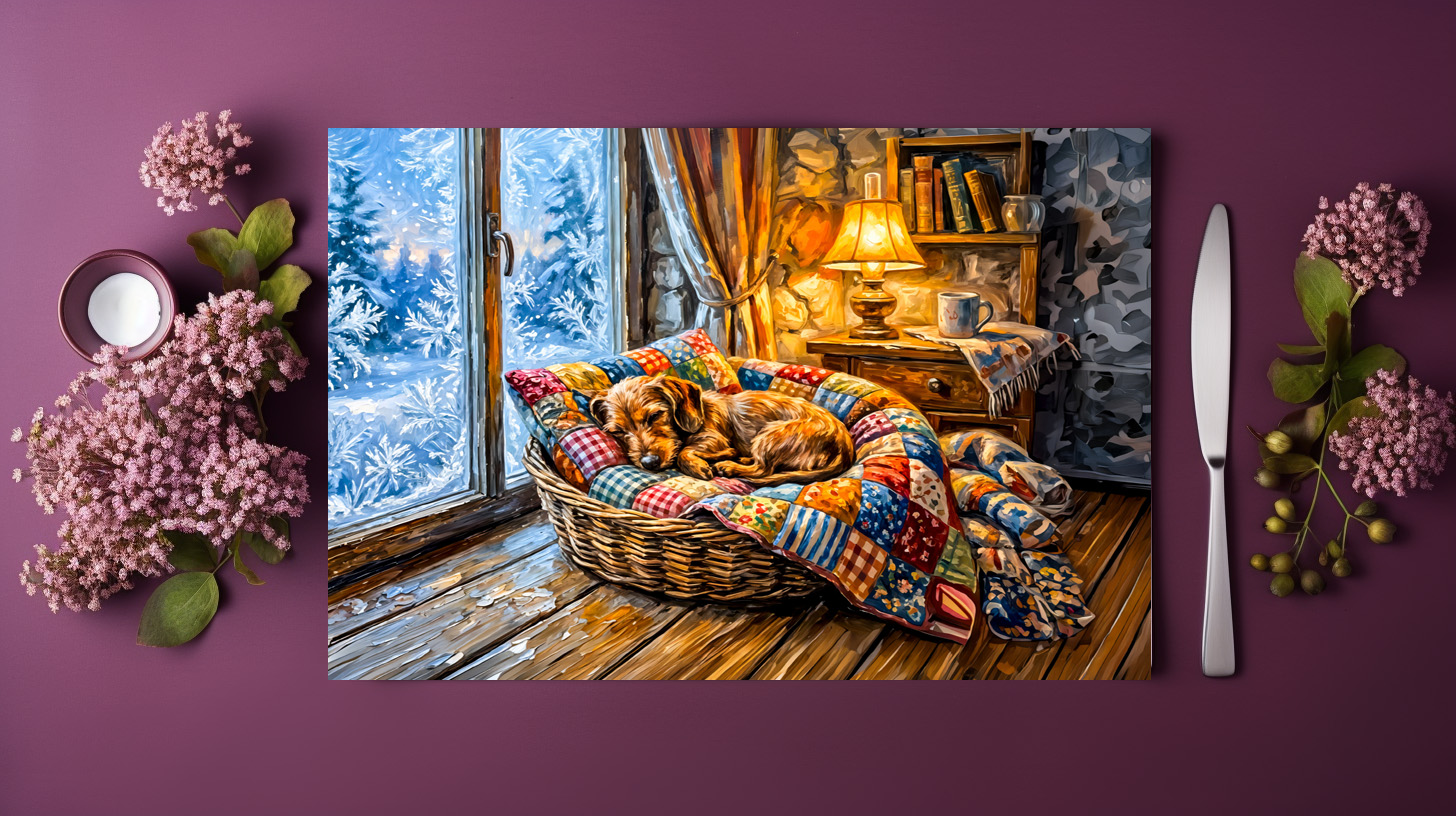 raxxa Premium-Tischset: Dachshund Resting in Cozy Winter Window Basket – Bild 3