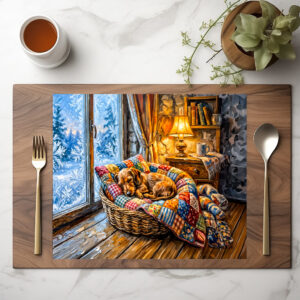 raxxa Premium-Tischset: Dachshund Resting in Cozy Winter Window Basket