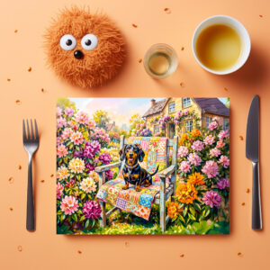 raxxa Premium-Tischset: Dachshund Sitting on Floral Garden Bench Scene