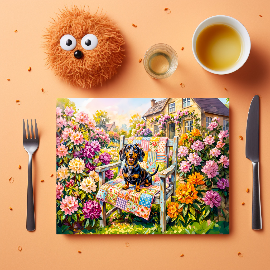 raxxa Premium-Tischset: Dachshund Sitting on Floral Garden Bench Scene