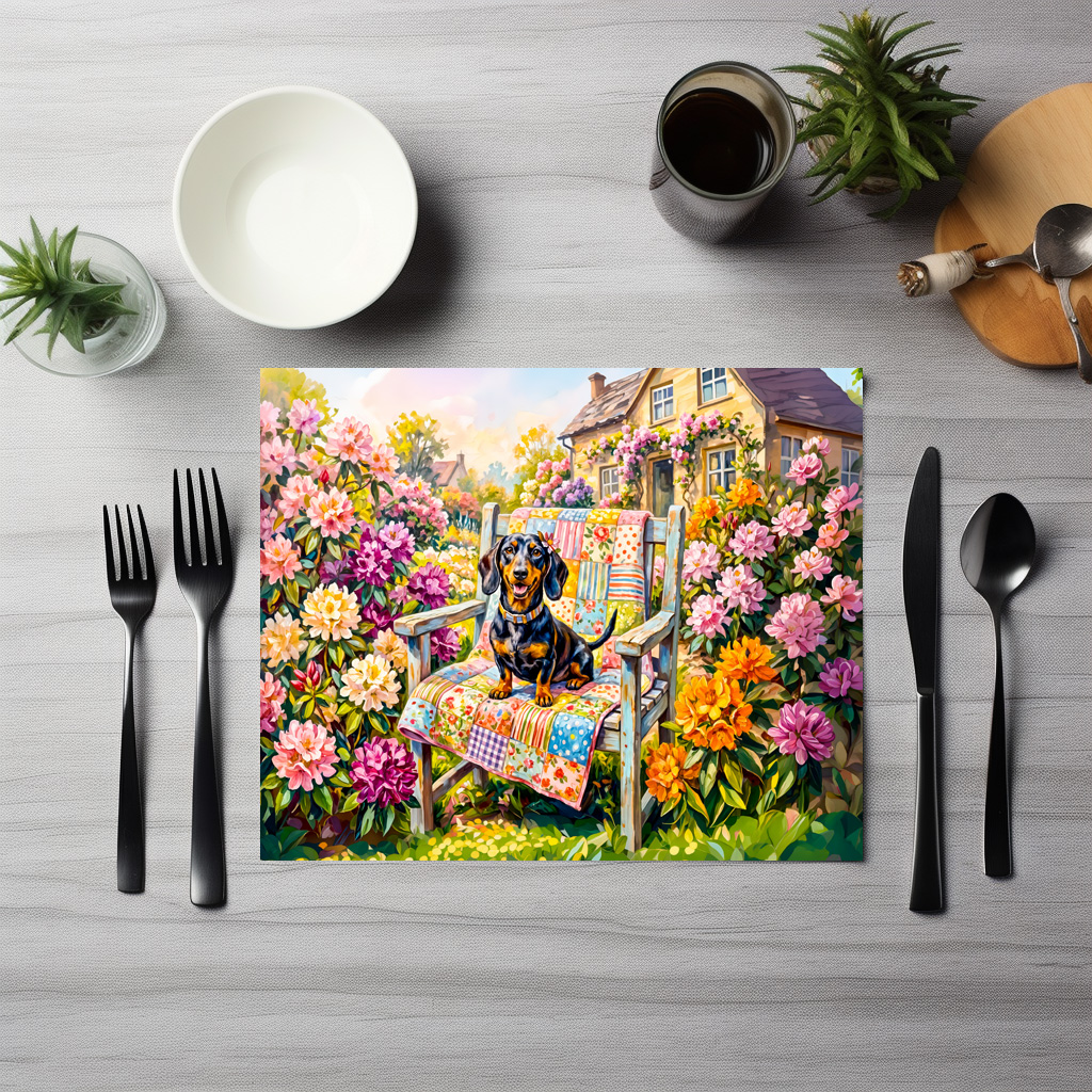 raxxa Premium-Tischset: Dachshund Sitting on Floral Garden Bench Scene – Bild 3