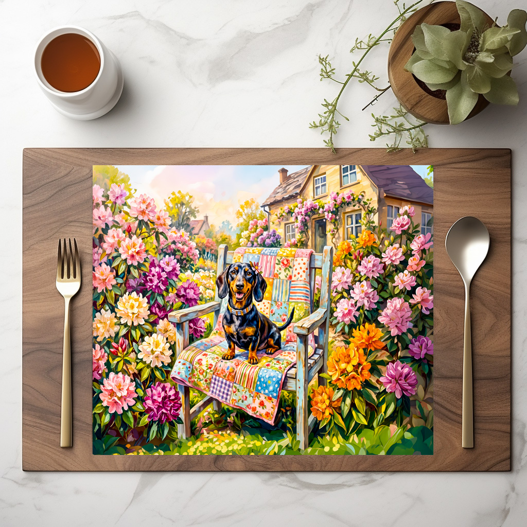 raxxa Premium-Tischset: Dachshund Sitting on Floral Garden Bench Scene – Bild 2