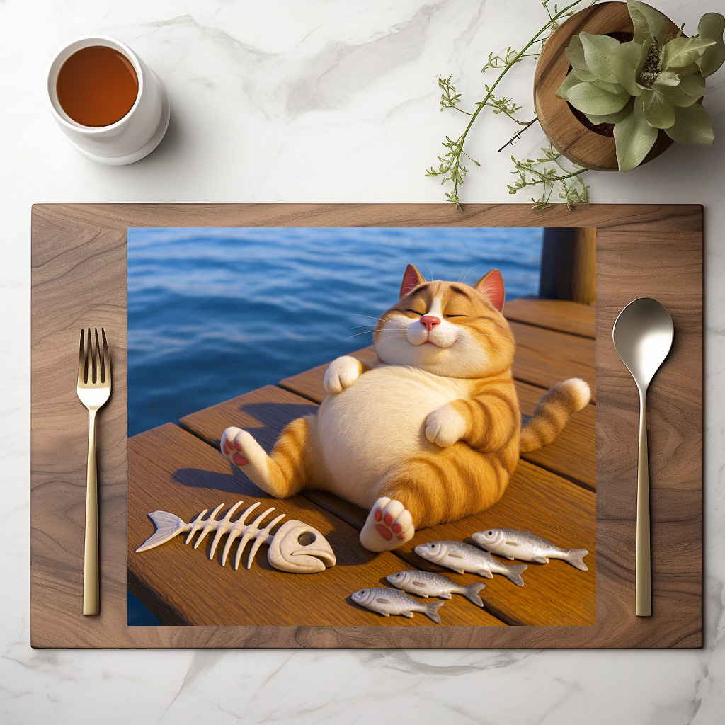 raxxa Premium-Tischset: Endlich satt - dicker Kater mit Fisch