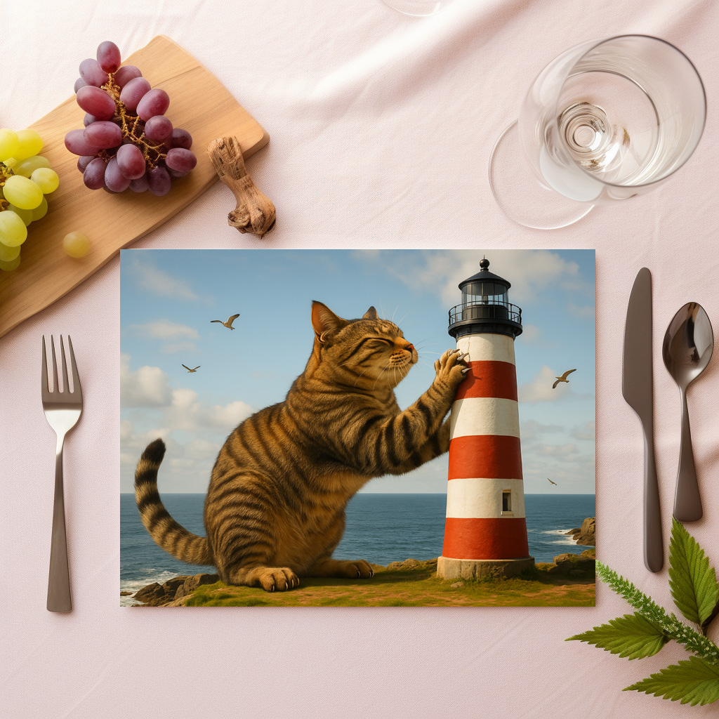 raxxa Premium-Tischset: Mein Lieblingskratzbaum - Katze mit Leuchtturm - Imagen 2