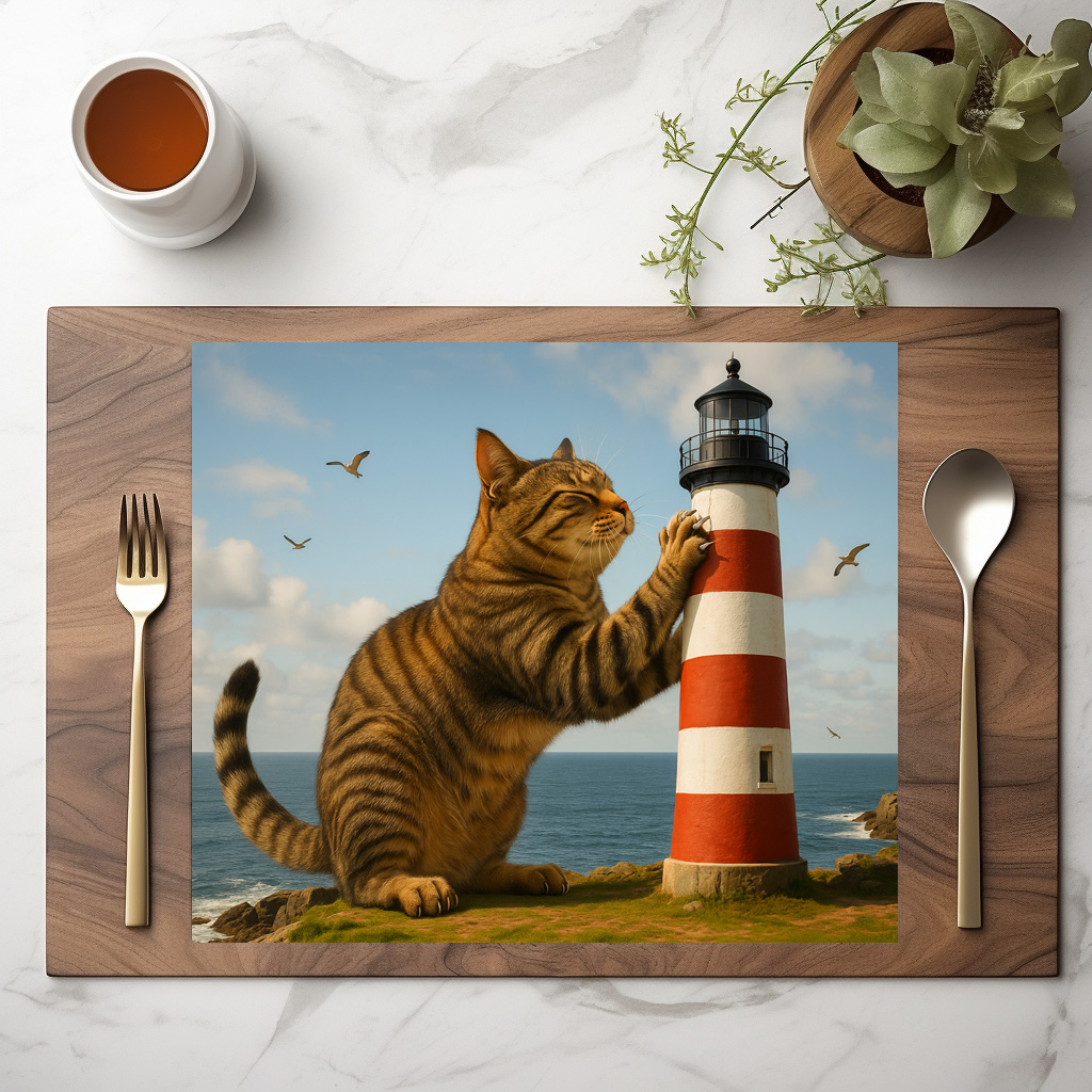 raxxa Premium-Tischset: Mein Lieblingskratzbaum - Katze mit Leuchtturm - Imagen 3