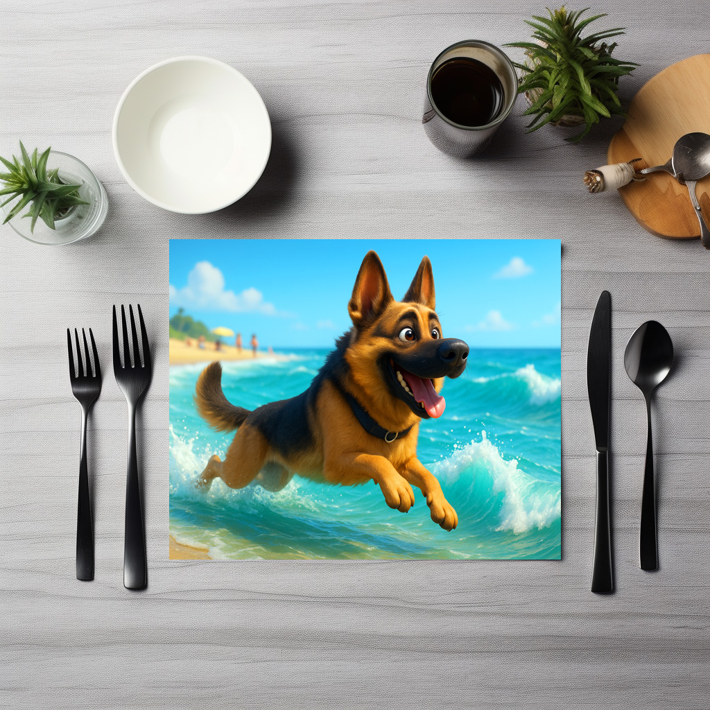 raxxa Premium-Tischset: Schäferhund spielt am Strand