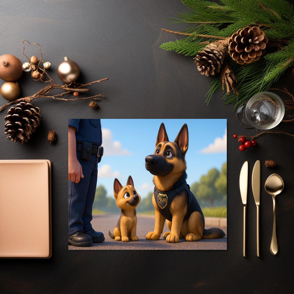 raxxa Premium-Tischset: Schäferhund und Welpe beim Polizeidienst