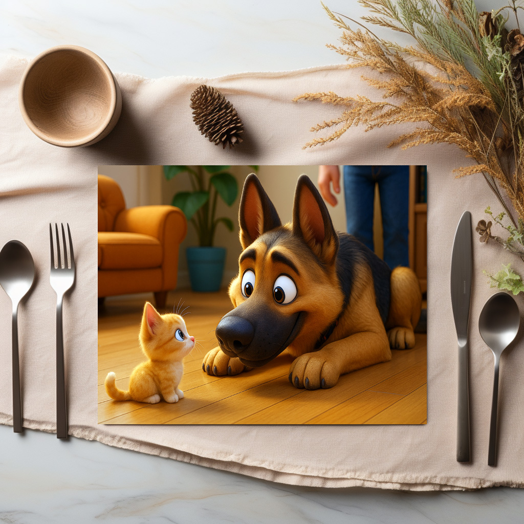 raxxa Premium-Tischset: Oh, ist das ein Haustier für mich? Schäferhund und Kätzchen – Bild 2