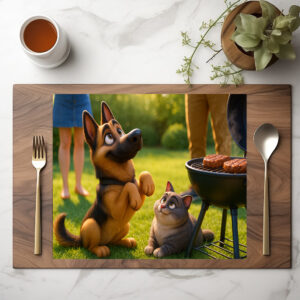 raxxa Premium-Tischset: Zwei Freunde beim grillen - Schäferhund und Kater