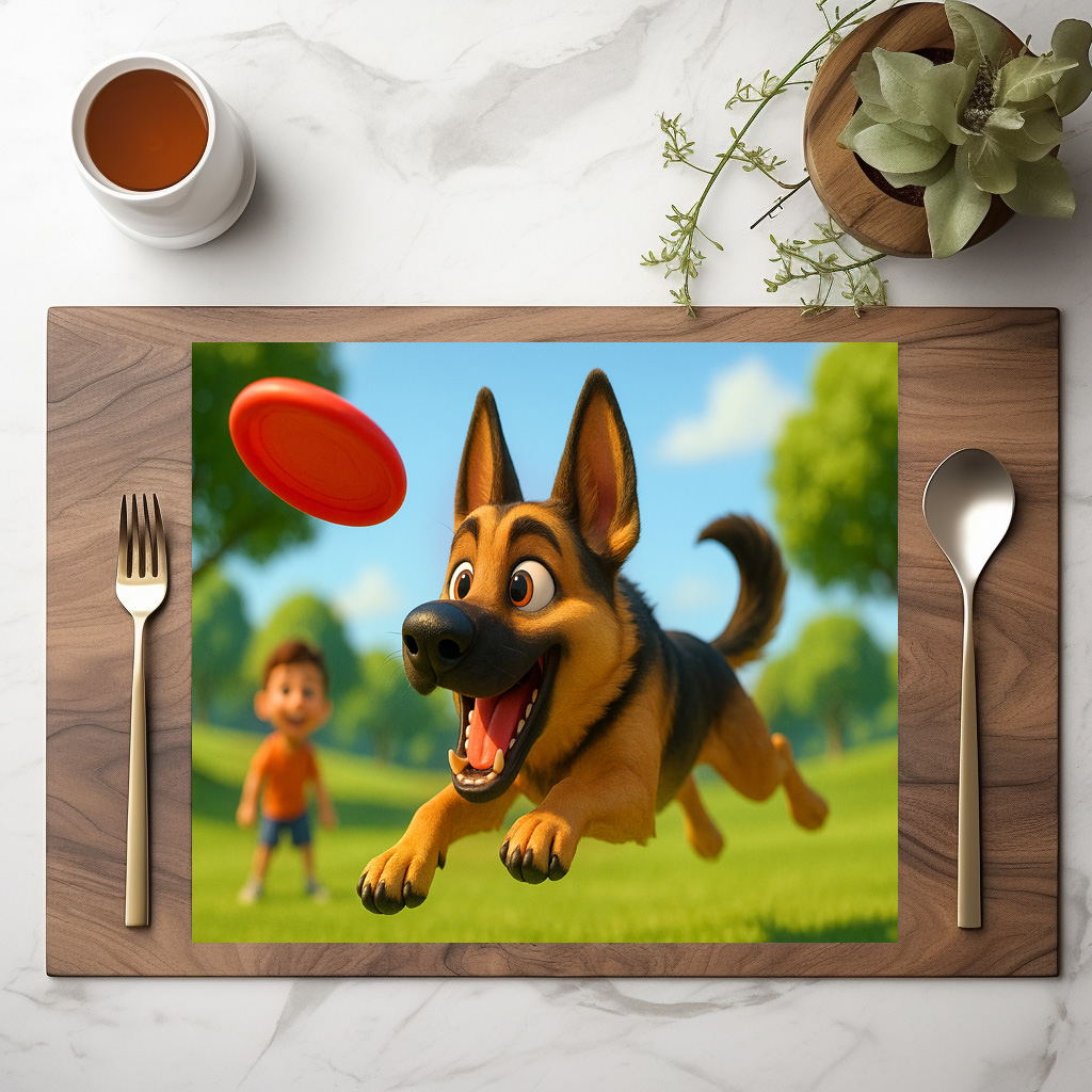 raxxa Premium-Tischset: Schäferhund beim Frisbee fangen
