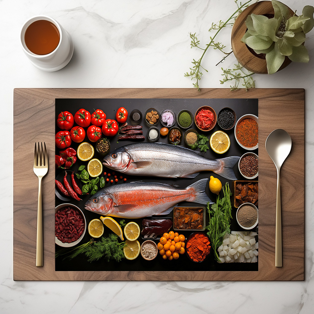 raxxa Premium-Tischset: Arrangement mit Fisch