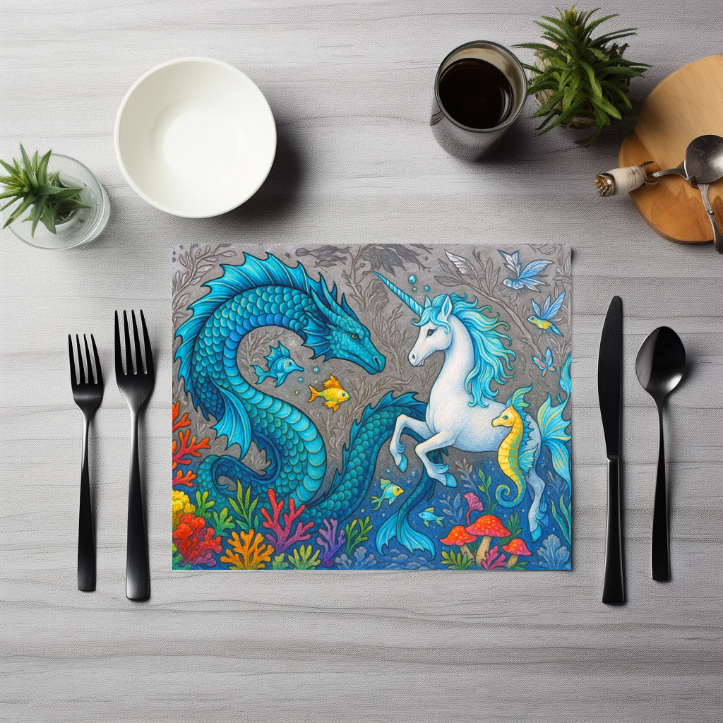 raxxa Premium-Tischset: Wasserdrache und Seepferdchen-Einhorn - mystische Wesen