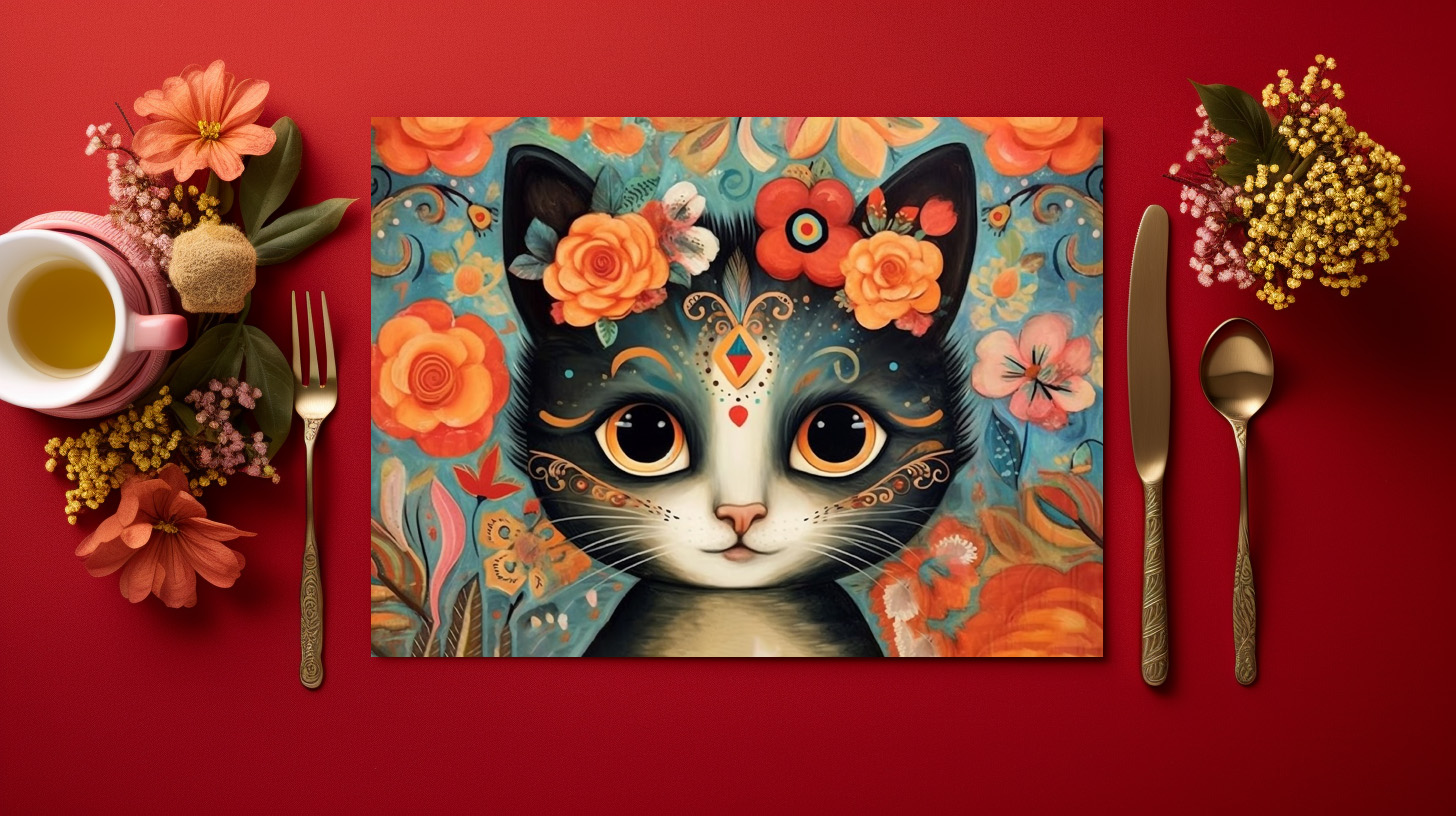 raxxa Premium-Tischset: Fröhliche Katzenkunst Im Stil von Frieda Kahlo – Bild 2