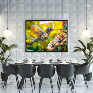 Poster: Metal Hummingbird in Flight on flower