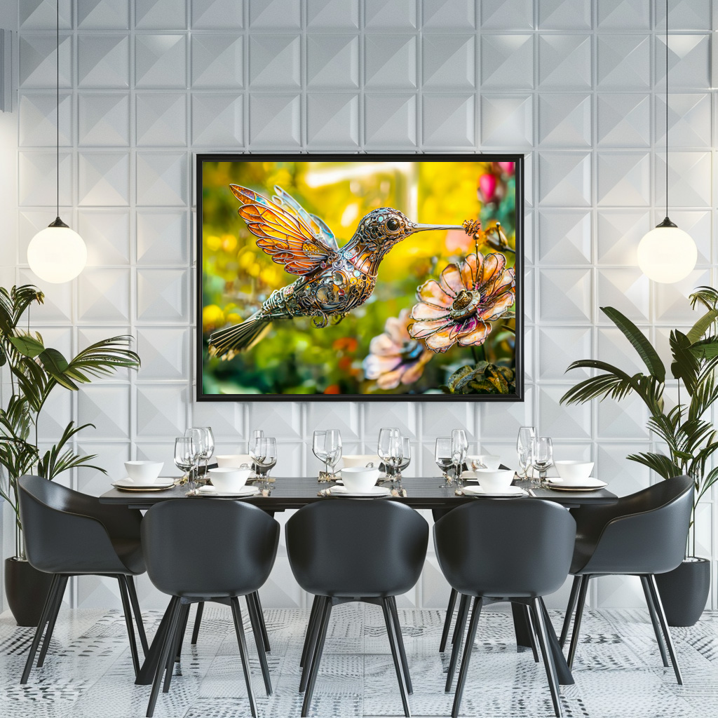 Poster: Metal Hummingbird in Flight on flower