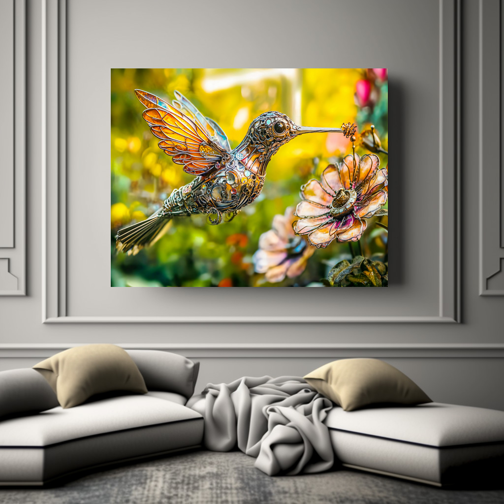 Poster: Metal Hummingbird in Flight on flower – Image 2