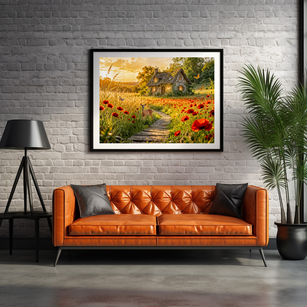 Poster: Poppy Field Cottage with Wooden Path – Bild 2