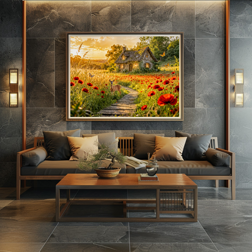 Poster: Poppy Field Cottage with Wooden Path