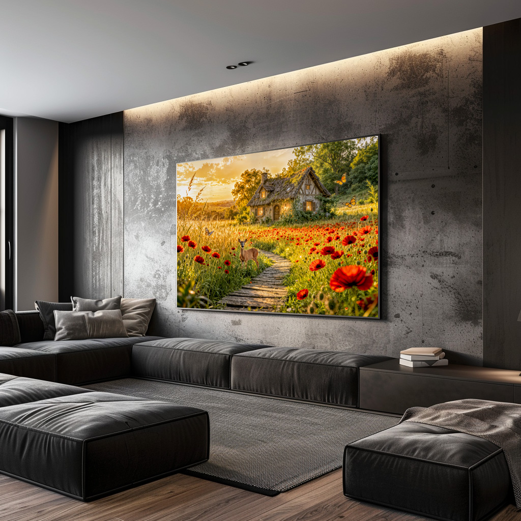 Poster: Poppy Field Cottage with Wooden Path – Bild 3